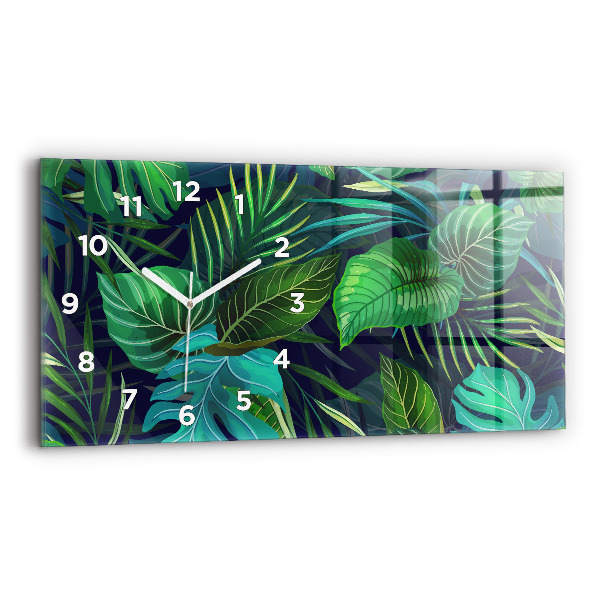Glass wall clock rectangular Exotic leaves