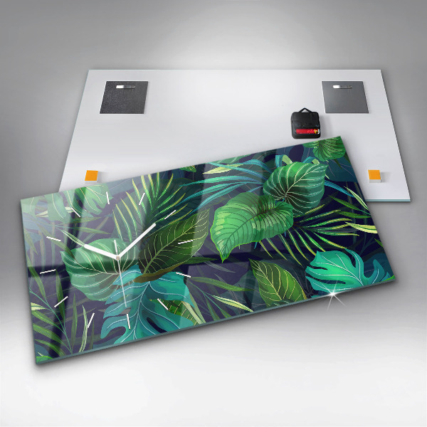 Glass wall clock rectangular Exotic leaves