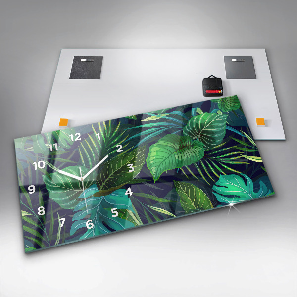 Glass wall clock rectangular Exotic leaves