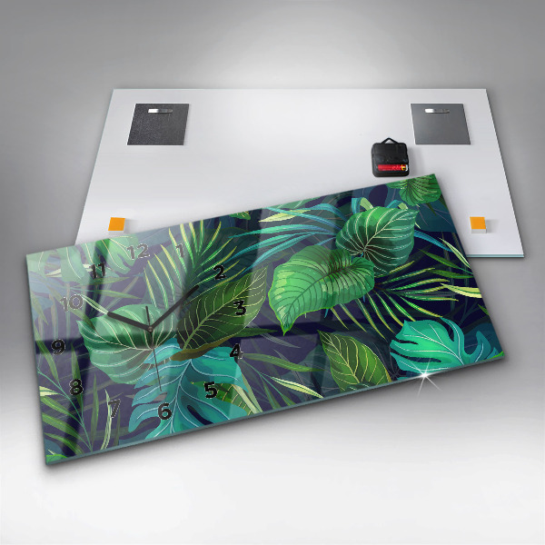 Glass wall clock rectangular Exotic leaves