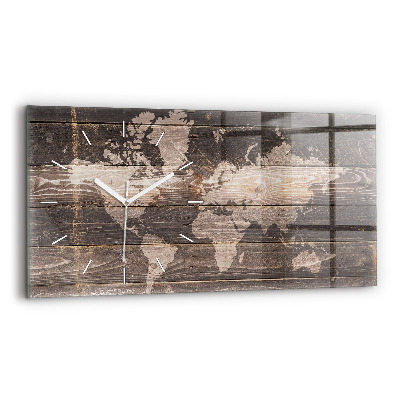 Glass wall clock rectangular World map on wood