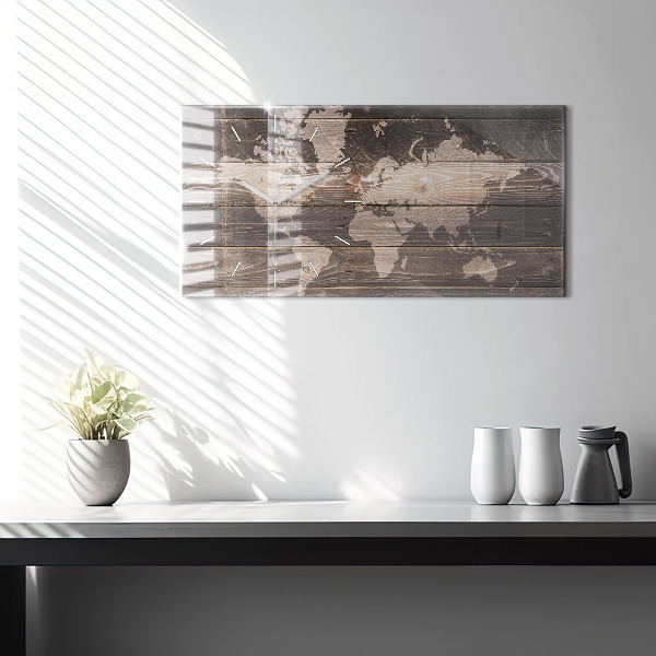 Glass wall clock rectangular World map on wood