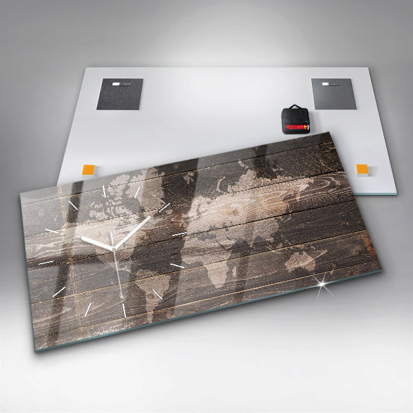 Glass wall clock rectangular World map on wood