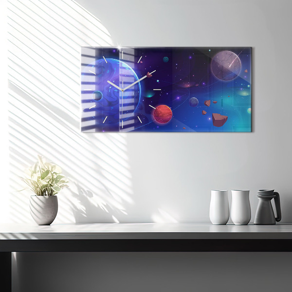 Glass wall clock rectangular Planets galaxy