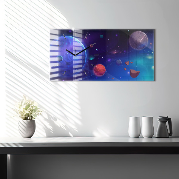 Glass wall clock rectangular Planets galaxy