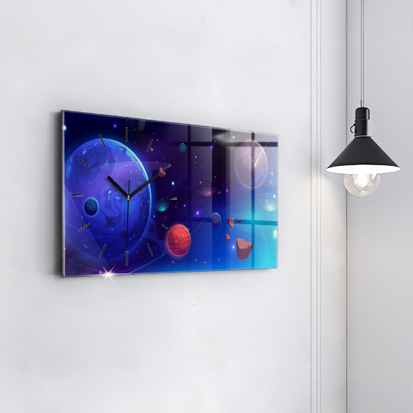 Glass wall clock rectangular Planets galaxy