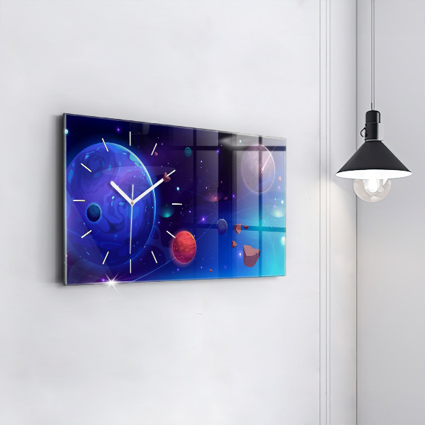 Glass wall clock rectangular Planets galaxy