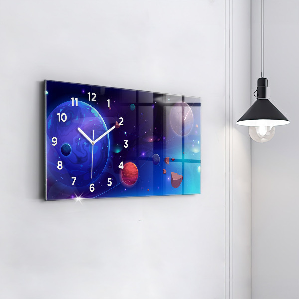 Glass wall clock rectangular Planets galaxy