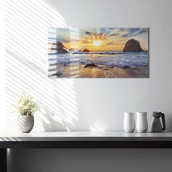 Glass wall clock rectangular Sunset on the beach