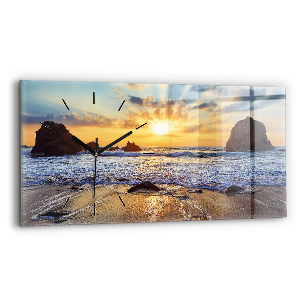 Glass wall clock rectangular Sunset on the beach