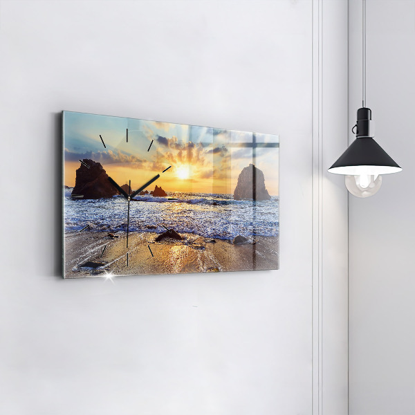 Glass wall clock rectangular Sunset on the beach