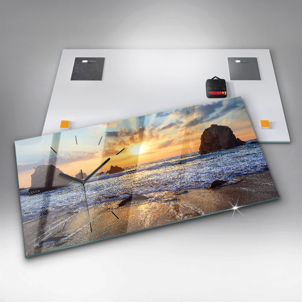 Glass wall clock rectangular Sunset on the beach