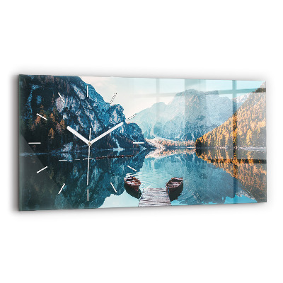 Glass wall clock rectangular Boats on the lake