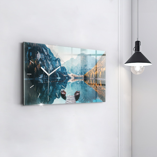 Glass wall clock rectangular Boats on the lake