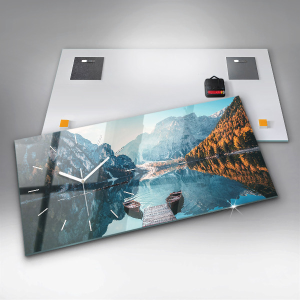Glass wall clock rectangular Boats on the lake