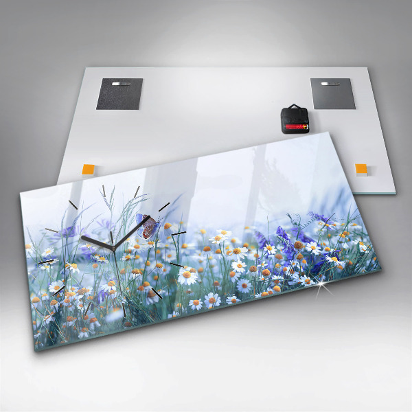 Glass wall clock rectangular Butterfly in the meadow
