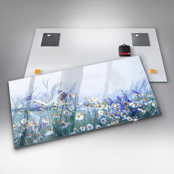 Glass wall clock rectangular Butterfly in the meadow