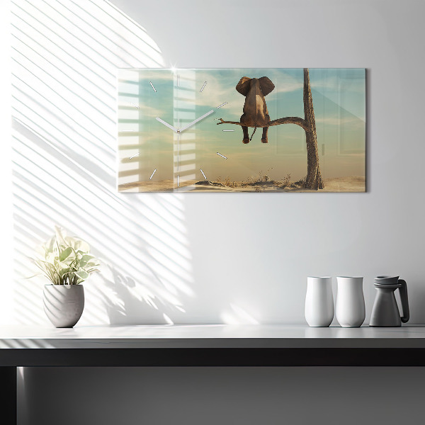 Glass wall clock rectangular Elephant on a tree