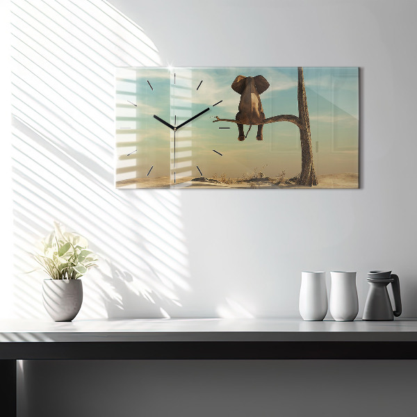 Glass wall clock rectangular Elephant on a tree