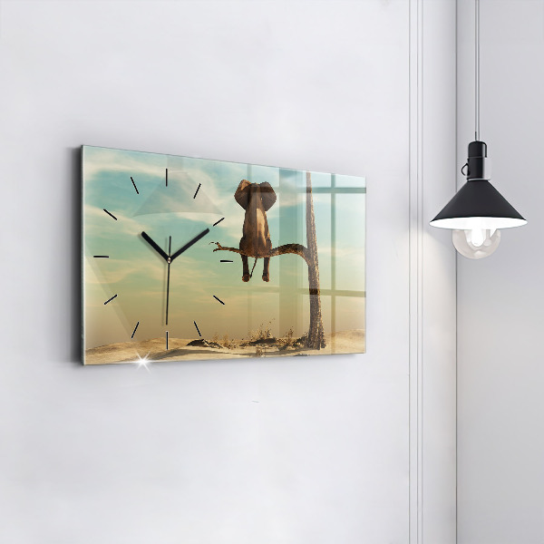 Glass wall clock rectangular Elephant on a tree