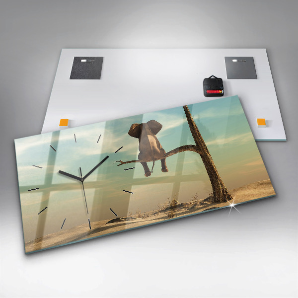 Glass wall clock rectangular Elephant on a tree