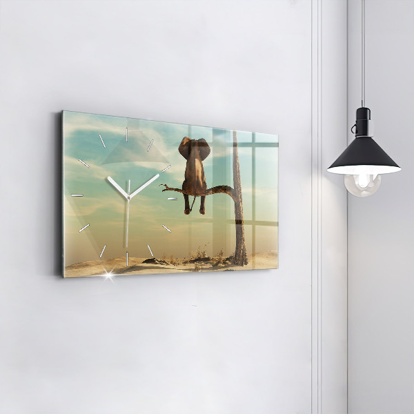 Glass wall clock rectangular Elephant on a tree