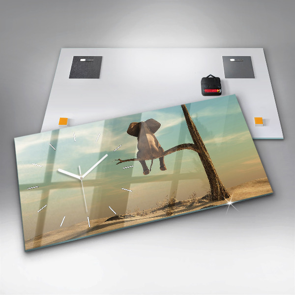 Glass wall clock rectangular Elephant on a tree