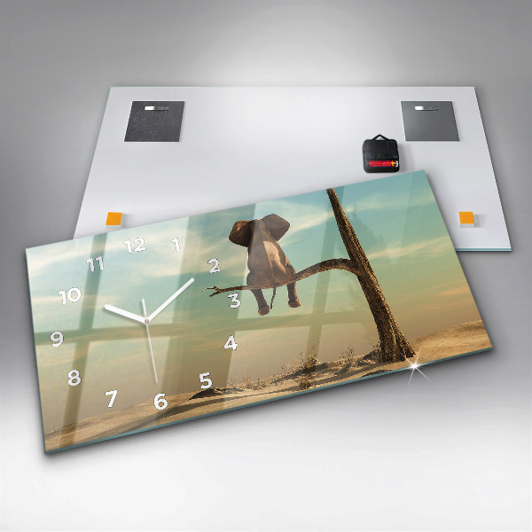 Glass wall clock rectangular Elephant on a tree