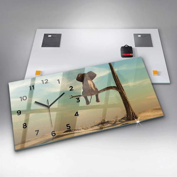 Glass wall clock rectangular Elephant on a tree