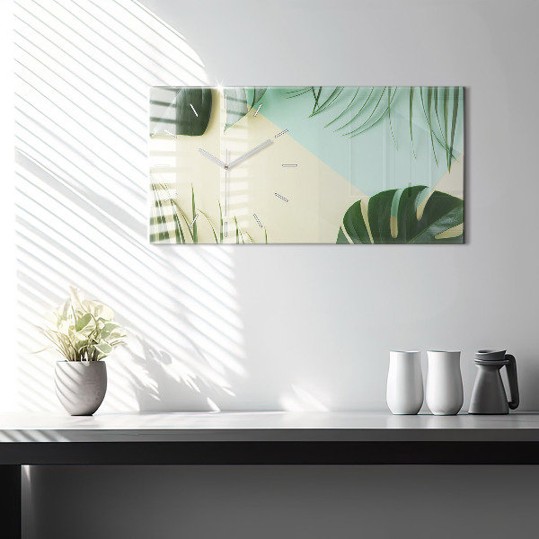 Glass wall clock rectangular Monstera leaves