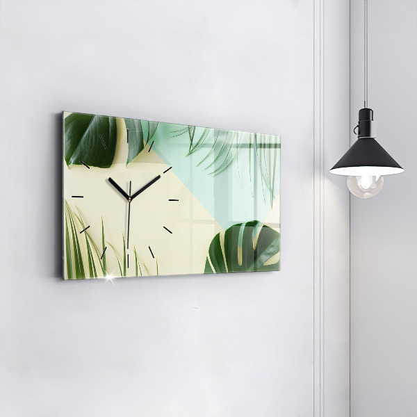 Glass wall clock rectangular Monstera leaves