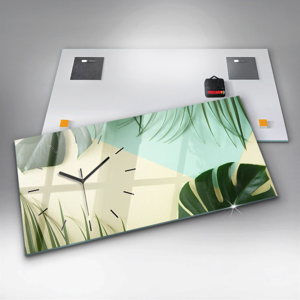 Glass wall clock rectangular Monstera leaves