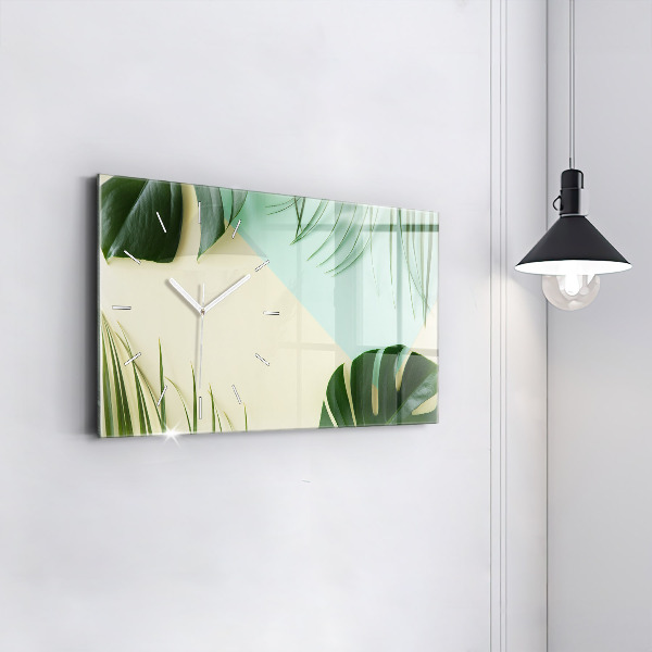 Glass wall clock rectangular Monstera leaves