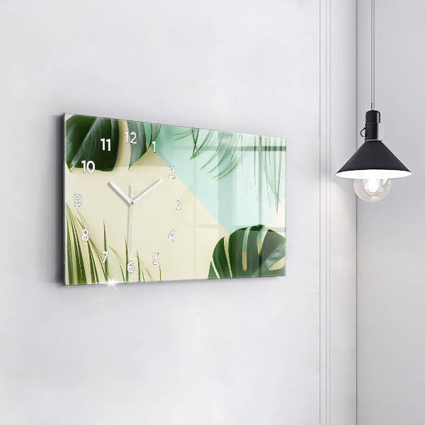 Glass wall clock rectangular Monstera leaves