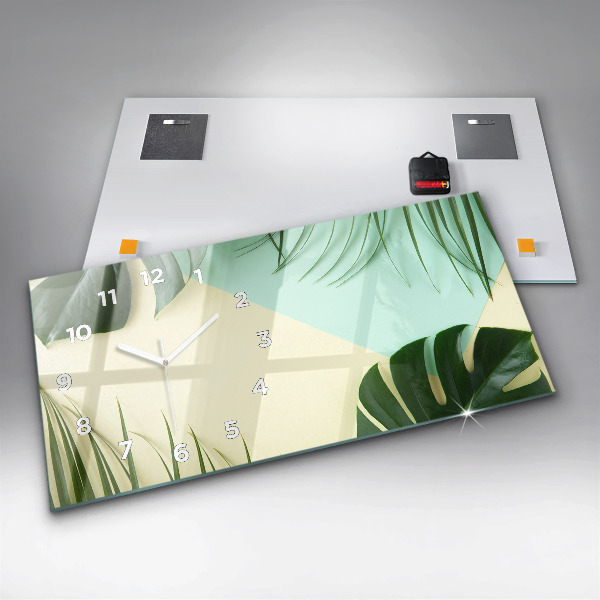 Glass wall clock rectangular Monstera leaves