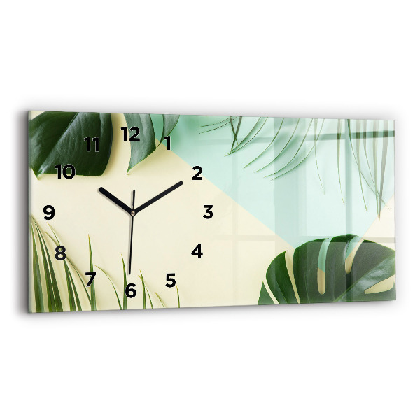 Glass wall clock rectangular Monstera leaves