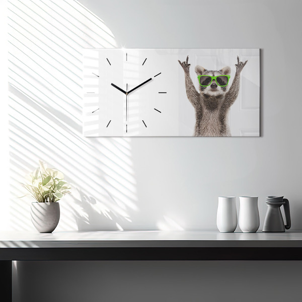 Glass wall clock rectangular Raccoon with glasses