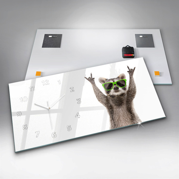 Glass wall clock rectangular Raccoon with glasses