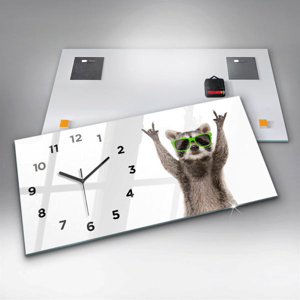 Glass wall clock rectangular Raccoon with glasses