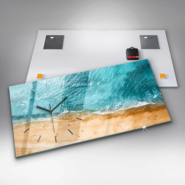 Glass wall clock rectangular sea beach people