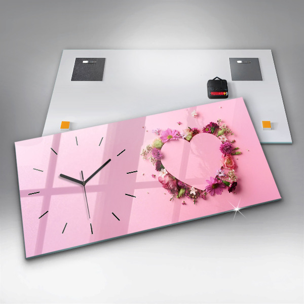 Glass wall clock rectangular Heart of flowers