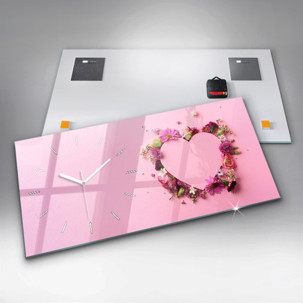 Glass wall clock rectangular Heart of flowers
