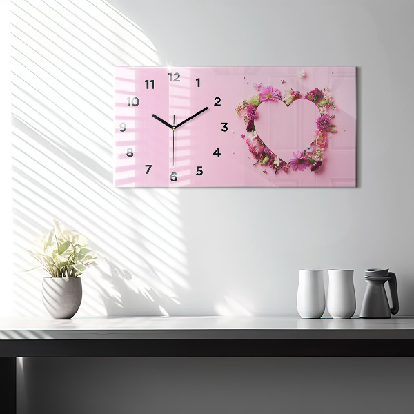 Glass wall clock rectangular Heart of flowers