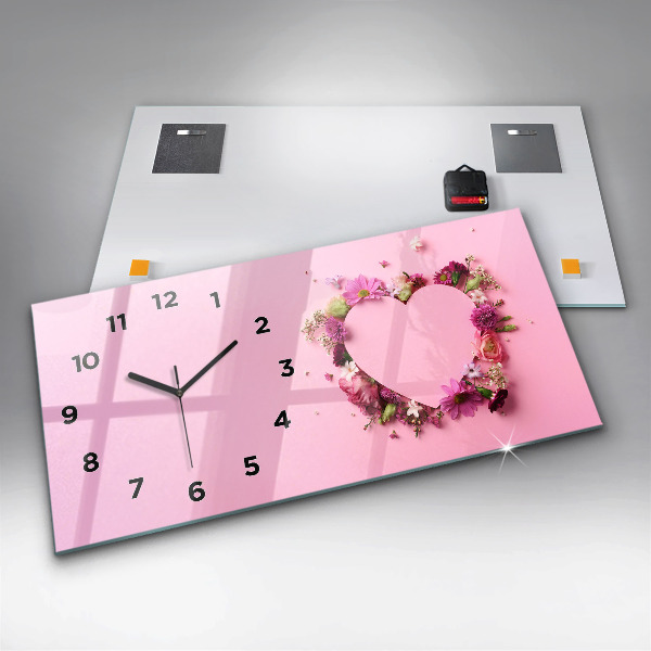 Glass wall clock rectangular Heart of flowers