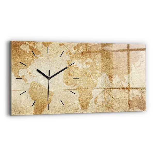 Glass wall clock rectangular Vintage world map