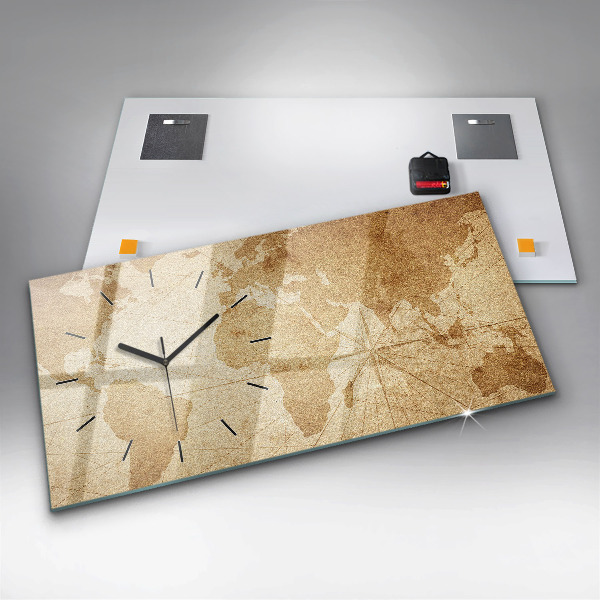 Glass wall clock rectangular Vintage world map