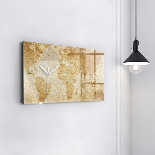 Glass wall clock rectangular Vintage world map