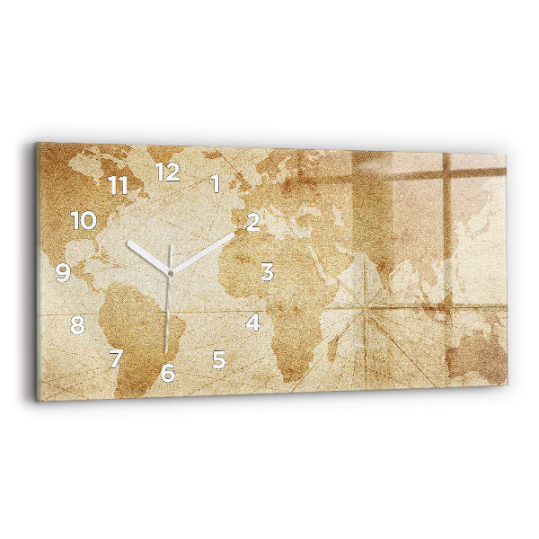 Glass wall clock rectangular Vintage world map