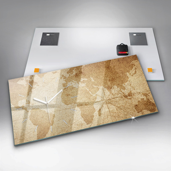 Glass wall clock rectangular Vintage world map