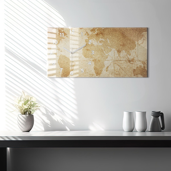 Glass wall clock rectangular Vintage world map